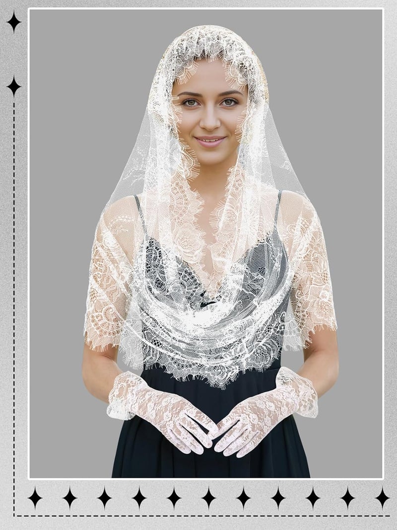 BOARDFEB 2 Pcs Lace Veil Church Mantilla Catholic Veil Bridal Wedding Veils Halloween Veil Gloves - Image 2